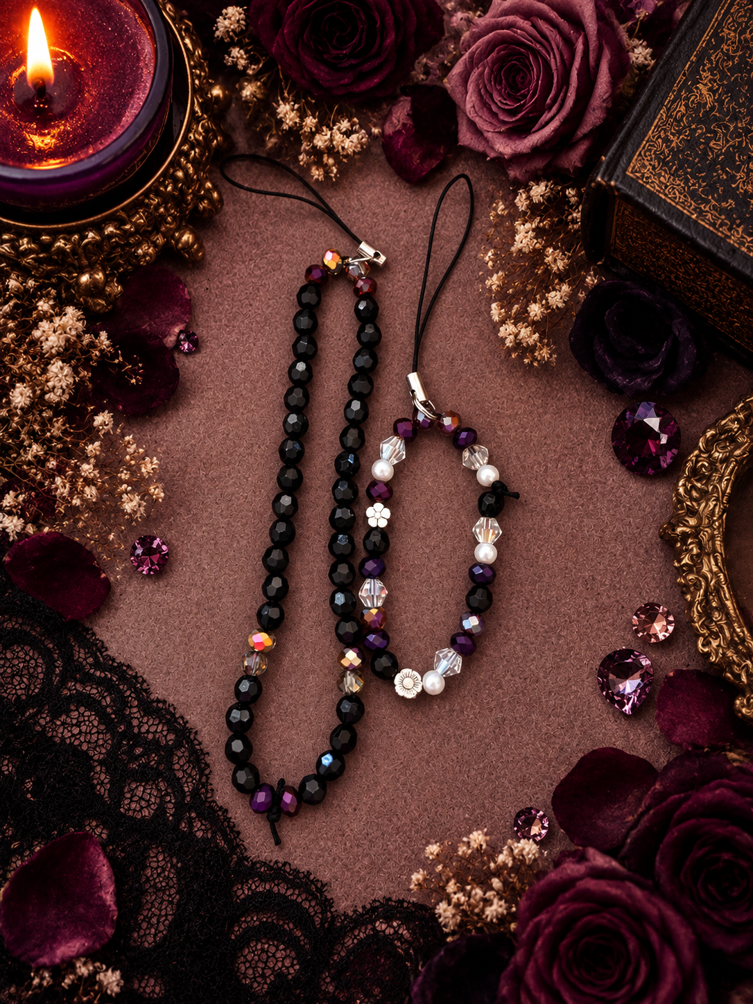 Gothic Garden | Handmade Dark Floral Beaded Phone Charm